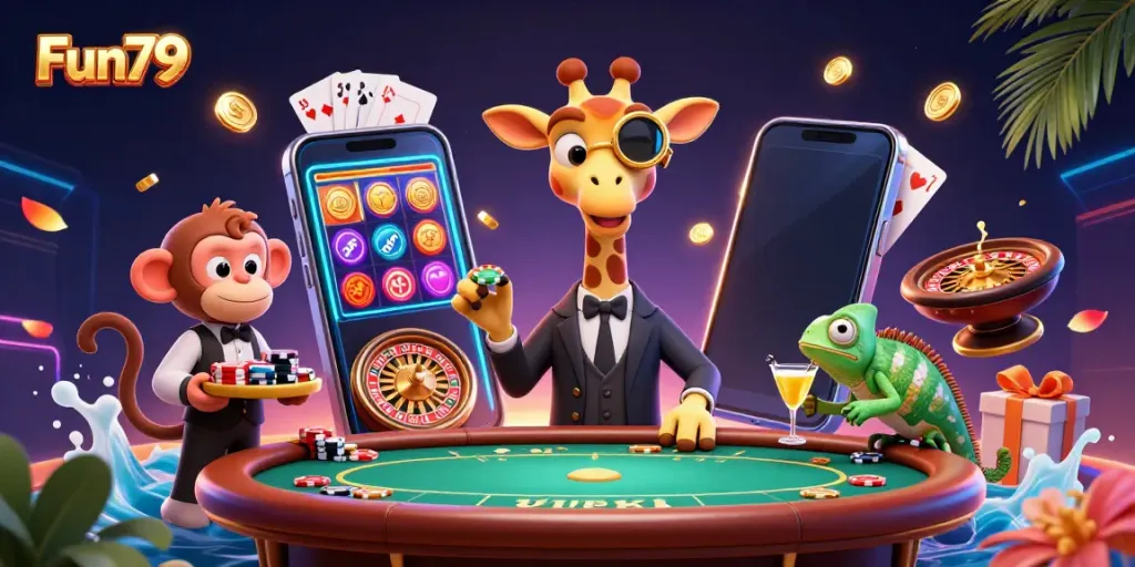 Experience the fun of online gaming with Fun79 featuring a high-roller giraffe, monkey valet, and chameleon bartender.