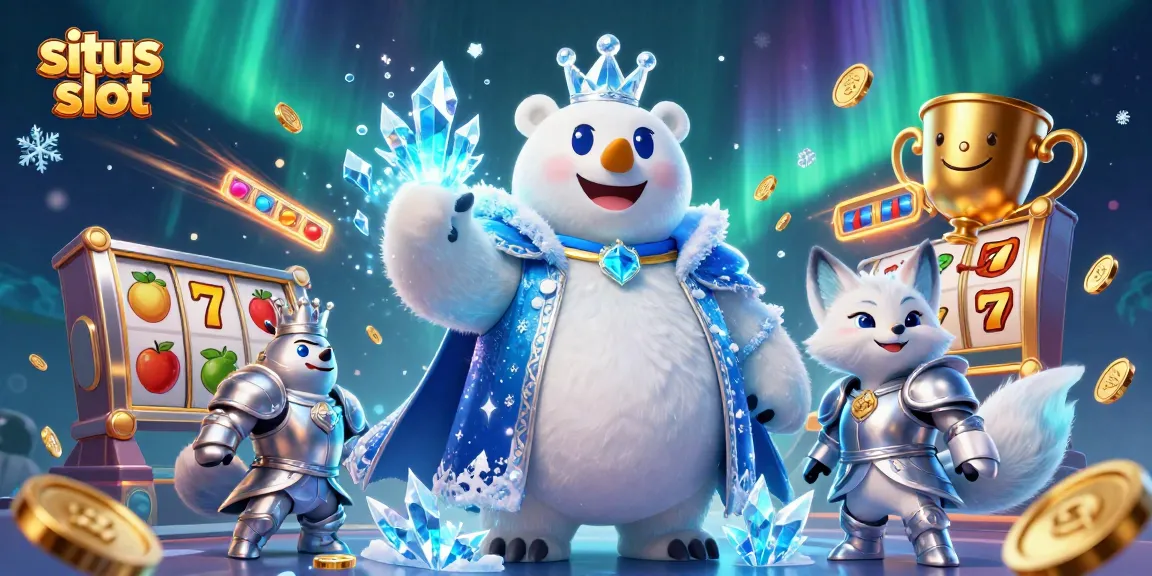 Sparkling slot game scene featuring situs slot with a cartoon ice king and snow fox amidst dynamic gambling elements.