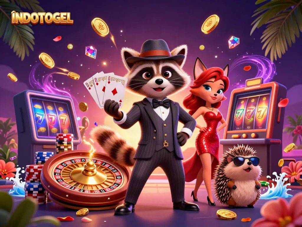 Persembahan INDOTOGEL diawali dengan ilustrasi 3D yang menggambarkan karakter hewan kartun menang poker yang berlimpah koin emas.