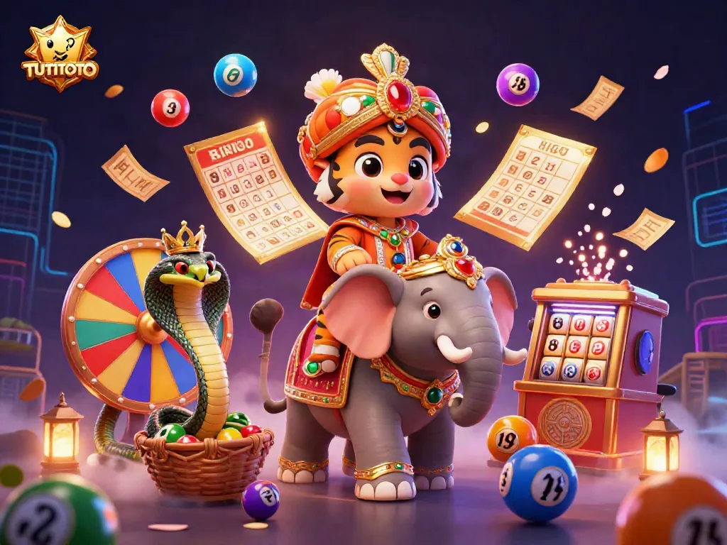 TUTITOTO showcases a vibrant scene of a tiger maharaja and elephant amidst colorful lottery game elements.