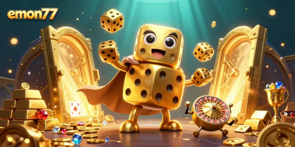 Experience thrilling wins with emon77 as golden dice and treasures come to life in this vibrant casino scene.