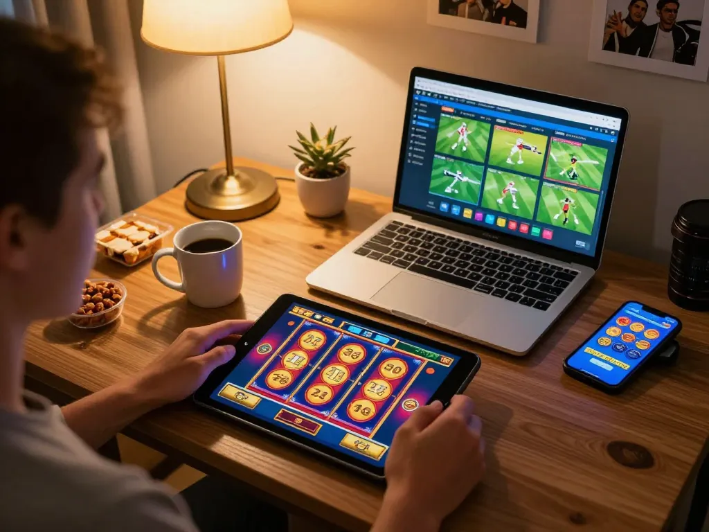 Engaging gameplay on IDCASH88 with spinning reel slots showcasing online winning potential in a cozy home setting.