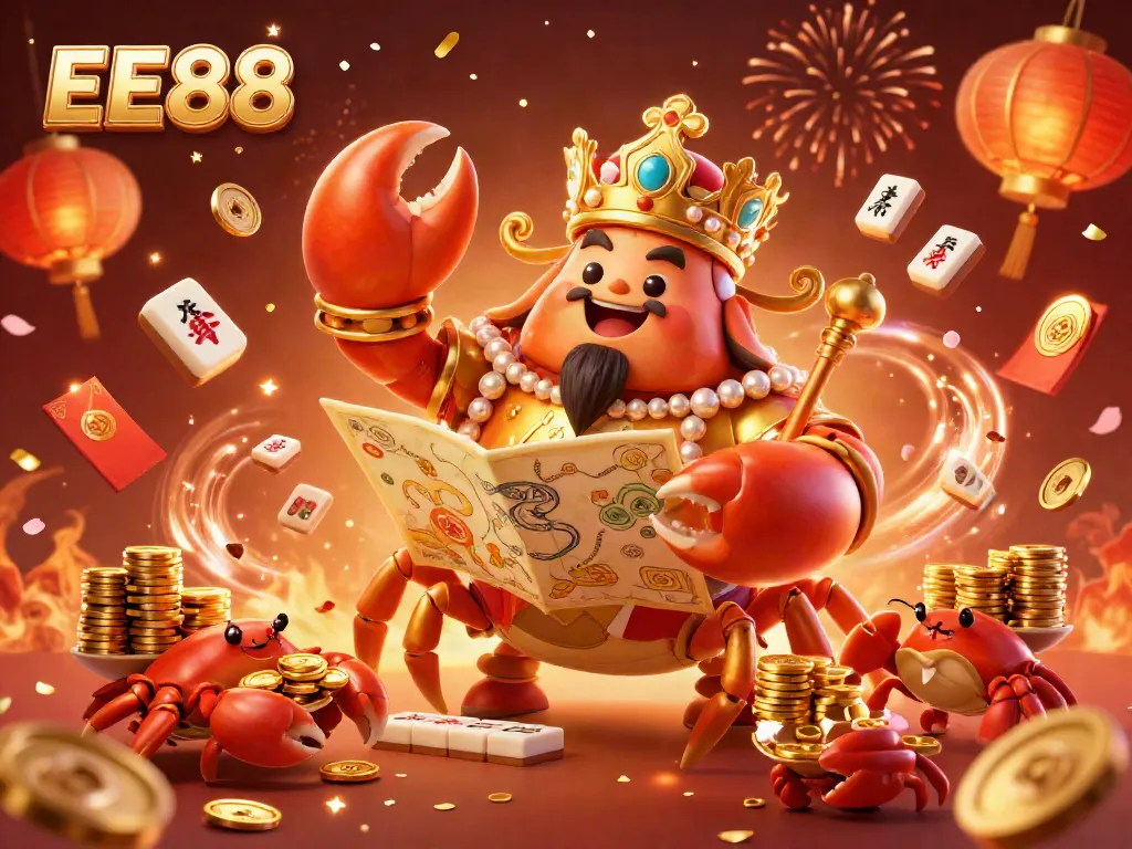 Experience the adventure of EE88 with a golden crab emperor amidst a festive casino celebration.