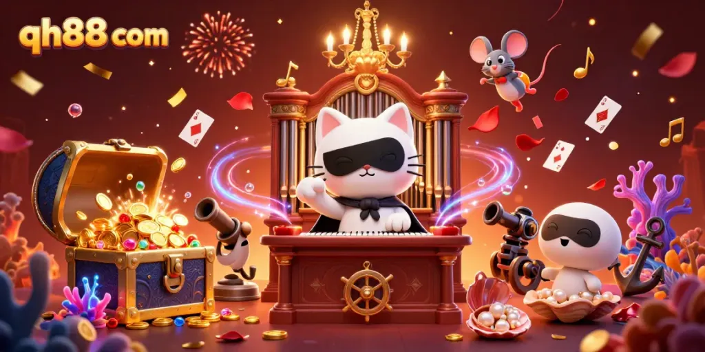 Experience exciting gameplay at qh88 com with a 3D illustration of dynamic casino elements including iconic characters and treasures.