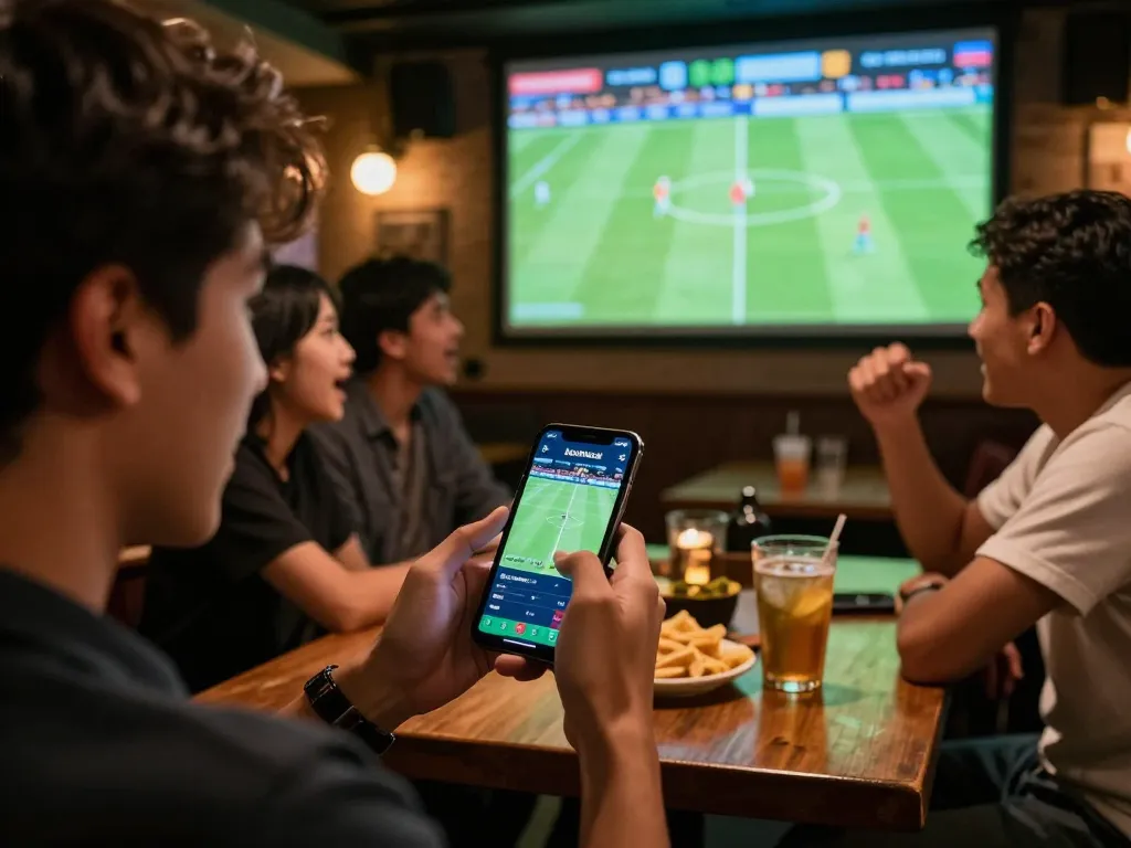 Active sports betting moment where a user engages with keonhacai via smartphone, surrounded by an exciting match atmosphere.
