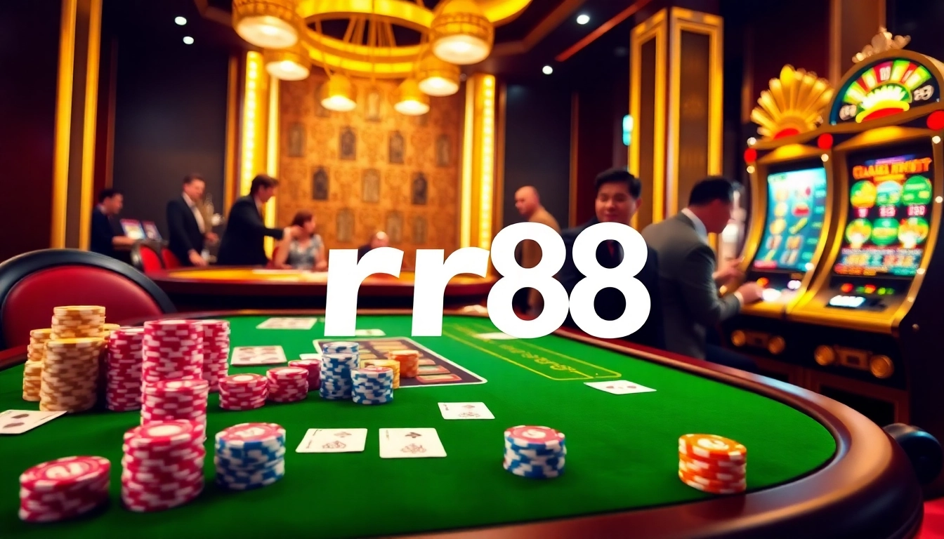 Experience the thrill of rr88 casino with vibrant tables, poker chips, and engaging players in action.