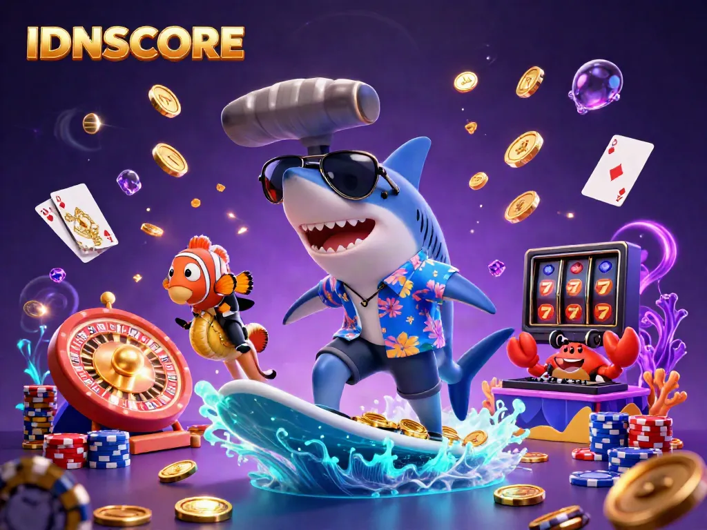 IDNSCORE showcases a thrilling underwater casino experience with vibrant characters and gaming elements.