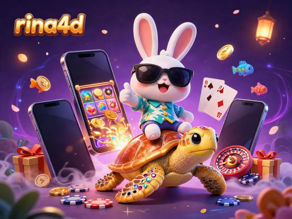 Win big with rina4d in this vibrant illustration showing a lucky rabbit and golden turtle immersed in casino excitement.