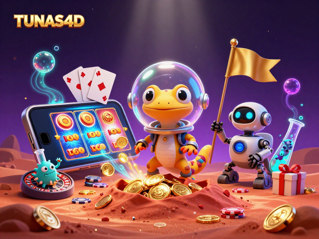 Engage with TUNAS4D as the Martian gecko discovers a golden casino amid vibrant game elements.
