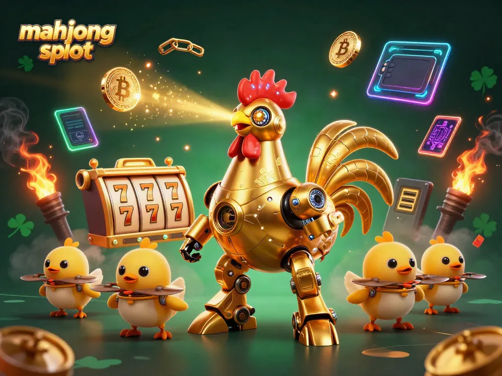 Menangkan permainan mahjong slot dengan karakter robot dan uang crypto yang bersinar.