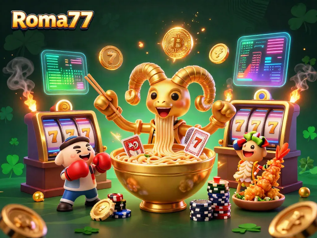 Experience thrilling gameplay with Roma77's vibrant slot games featuring golden ramen characters and crypto elements.