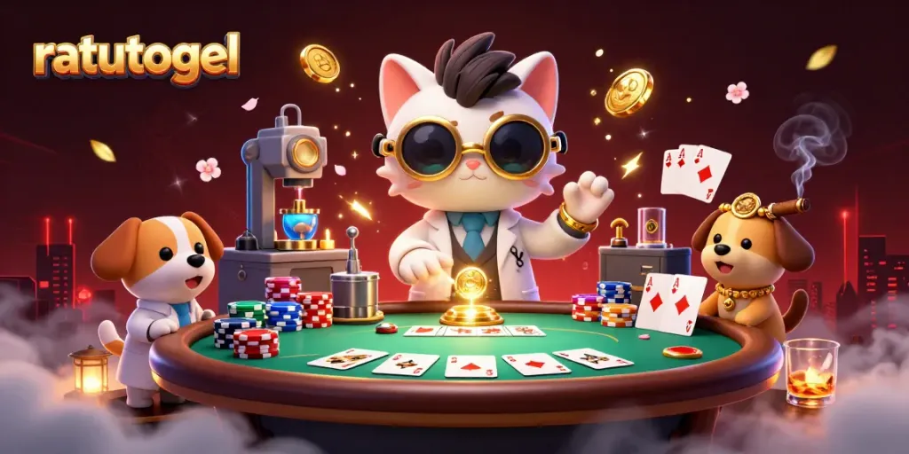 Gambarkan ratutogel saat bermain poker dengan kucing ilmuwan gila di latar belakang kasino.