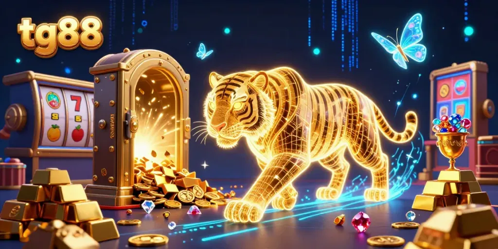 TG88 engages players with a vibrant digital casino scene, showcasing a neon golden tiger and rich gambling elements.