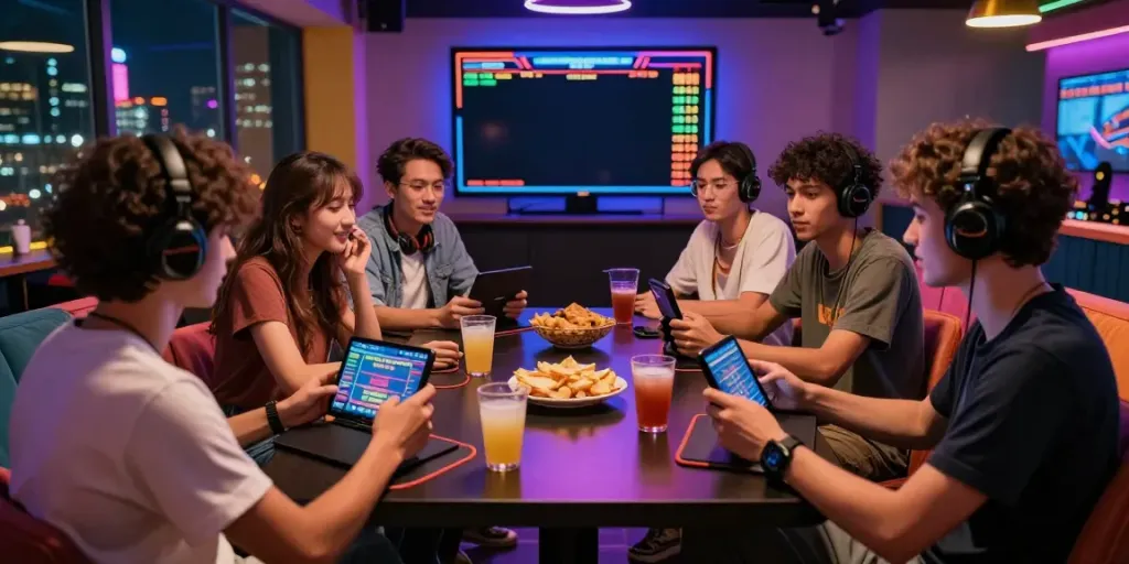 Engaging Togel gaming scene with friends discussing strategies in a modern lounge while enjoying snacks and drinks.