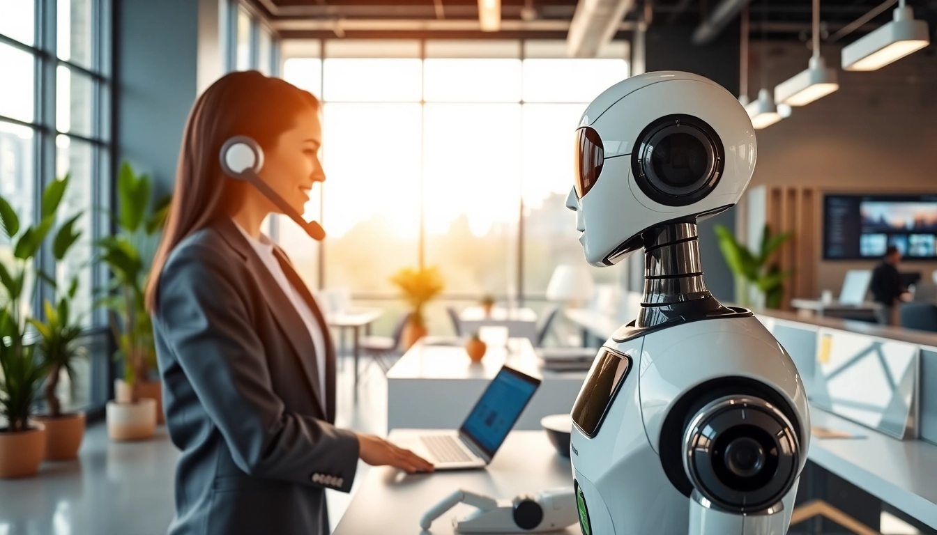 AI Receptionist engaging with a client, showcasing advanced technology and modern office environment.