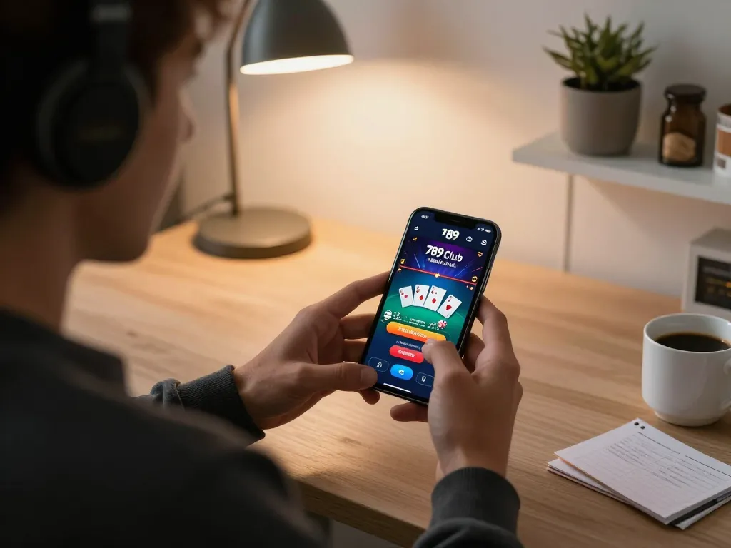 Player engaged in the 789 club mobile app from home, showcasing an exciting poker game.
