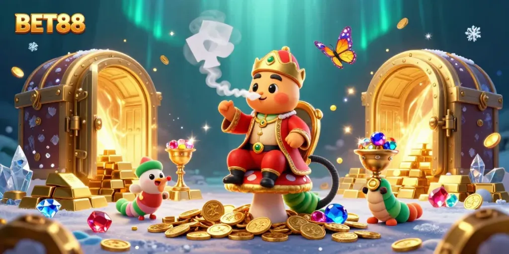 Experience the vibrant gameplay and bonuses at BET88 Casino with characters and treasures in a stunning scene.