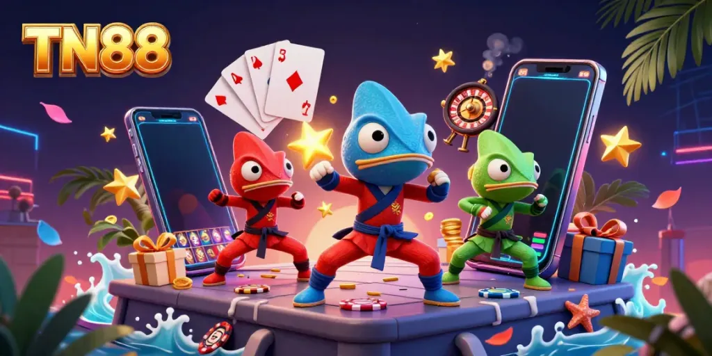 Engage in thrilling gaming action with TN88 as playful chameleon ninjas showcase dynamic martial arts moves amidst an exciting casino backdrop.