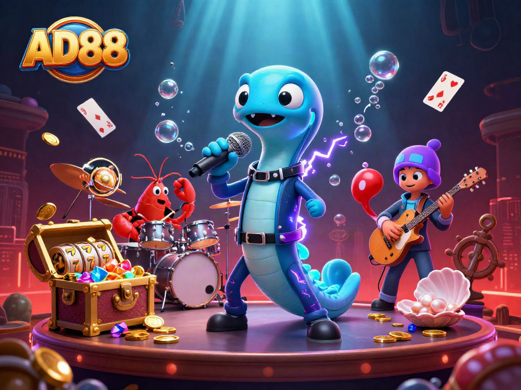 AD88 showcases an underwater casino scene with a DJ electric eel and vibrant gaming elements.