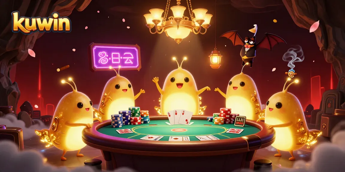 Kuwin casino glowworms illuminate a vibrant poker game with a bat dealer, showcasing colorful poker chips and cards.
