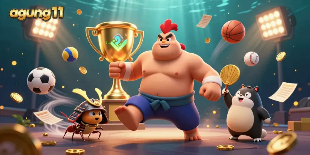 Engage with agung11 in a vibrant and dynamic 3D esports setting featuring a powerful sumo wrestler rooster and fierce cricket, packed with sports elements.