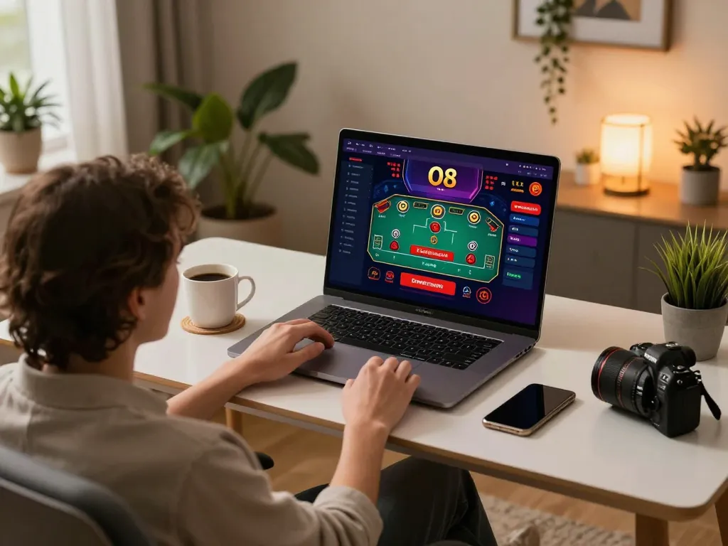 Engaged player enjoying O8 online casino games in modern home setting.
