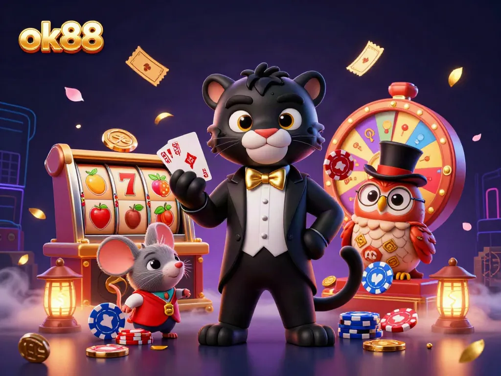 Engage with ok88 thrilling casino action featuring a panther dealer, cheerful owl, and lucky mouse.