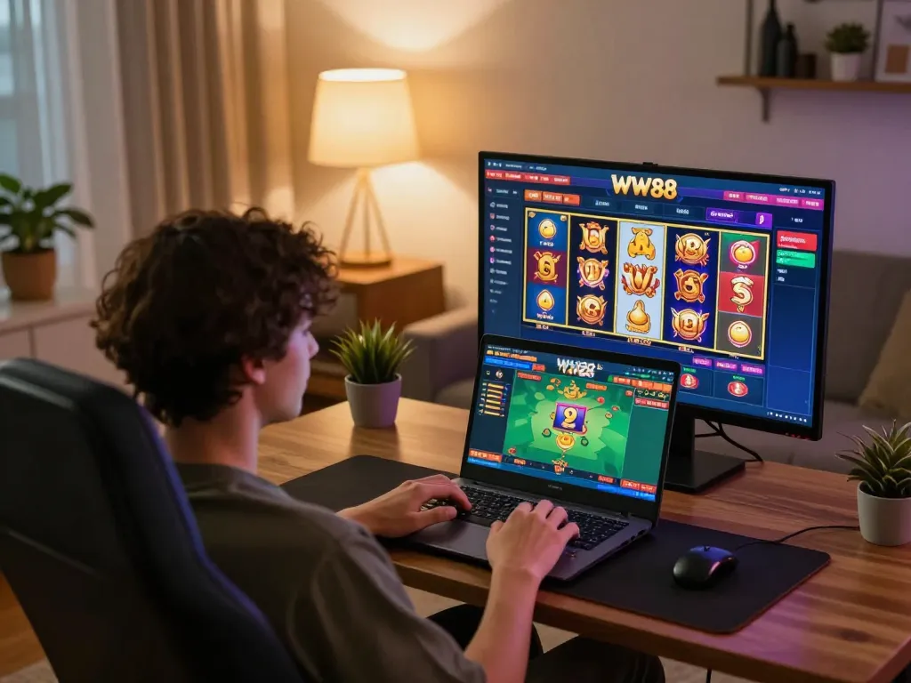 Engaging player enjoying WW88 online casino gaming on laptop at home.