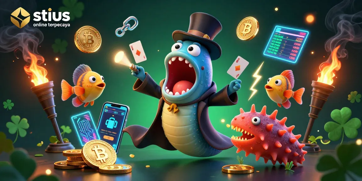 Gambarlah situs online terpercaya dengan naga laut bioluminescent melakukan trik kartu, dikelilingi koin kripto.