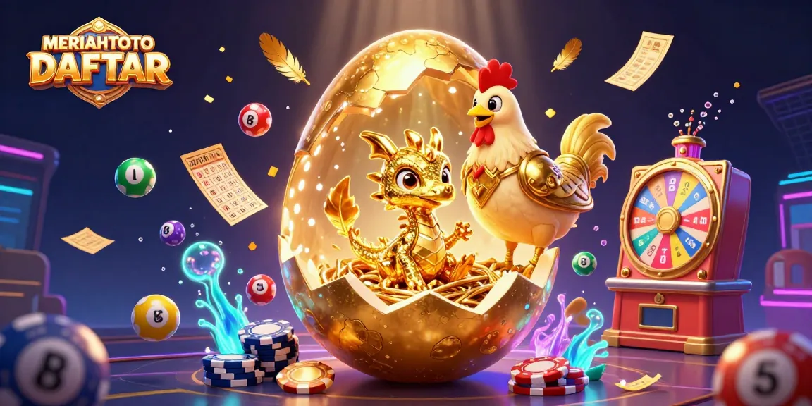 Ilustrasi penuh warna MERIAHTOTO DAFTAR menampilkan bola lotere melompat dinamis di sekitar ayam penjaga.