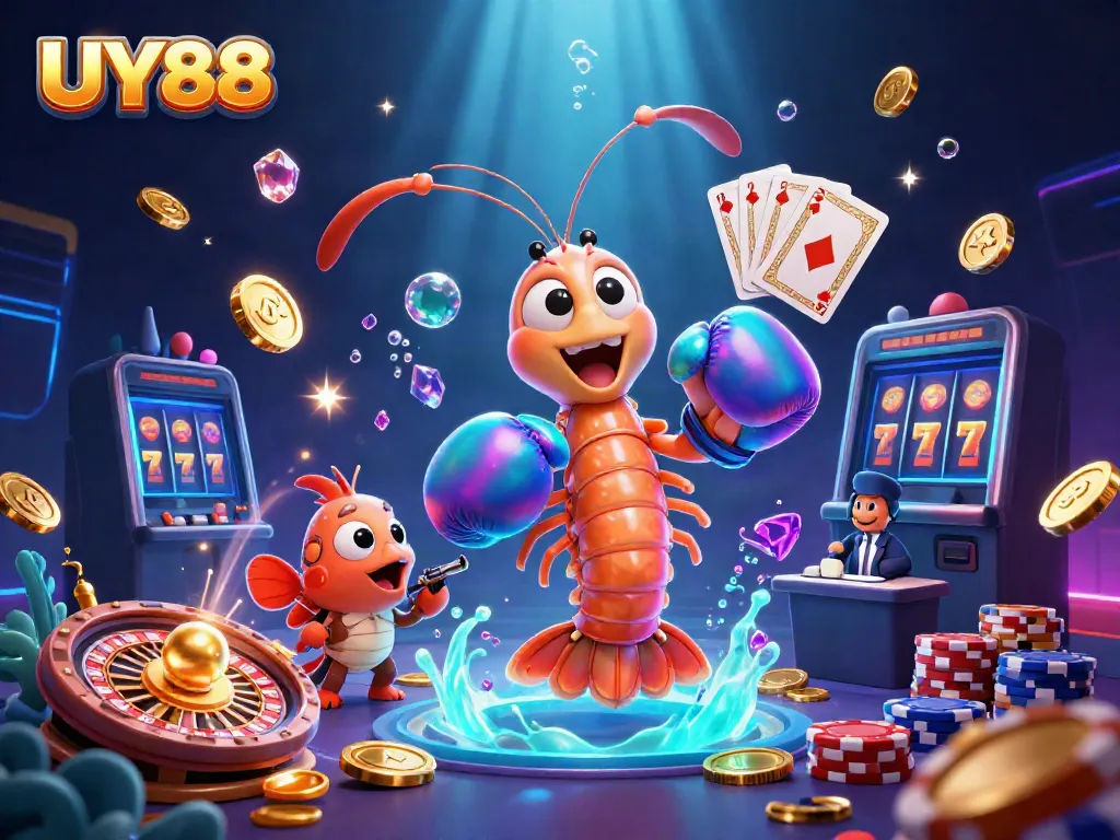 Experience thrilling gaming with UY88's vibrant 3D casino scene, showcasing animated underwater characters amidst dynamic gaming elements.