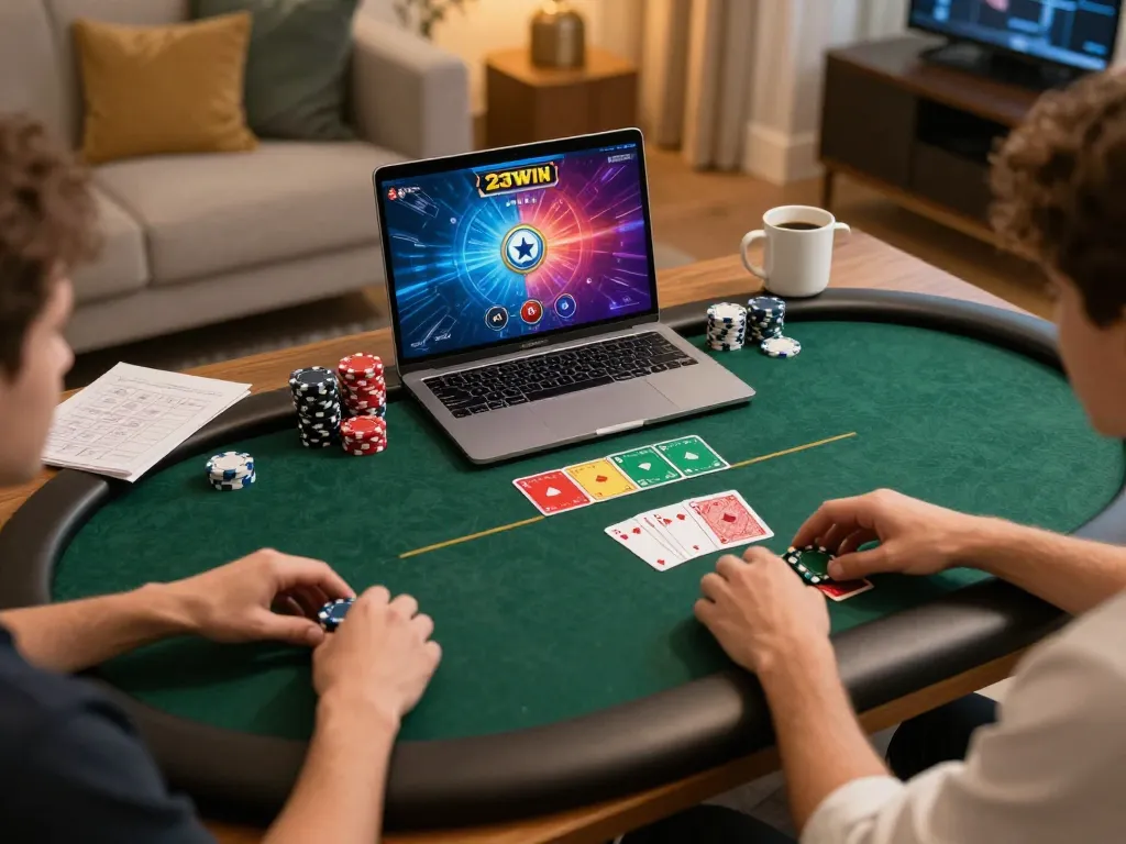 Hands engaging in vibrant online poker gameplay at 23WIN with laptop screen displaying active game interface