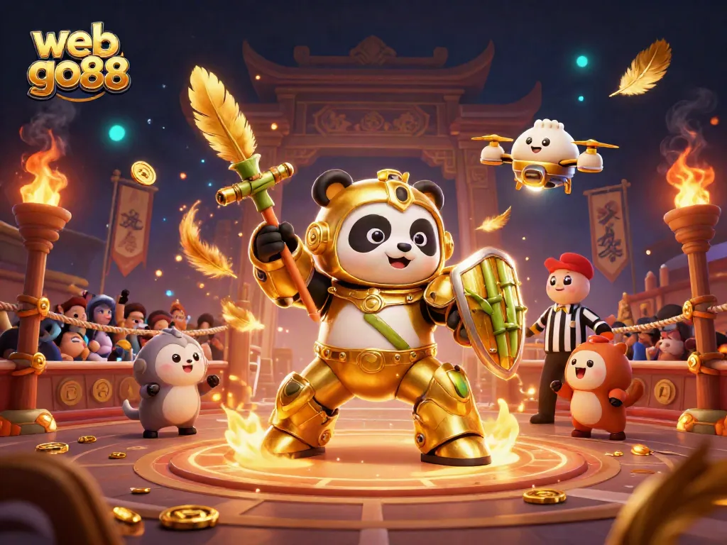 Experience thrilling gaming action at web go88 with a vibrant 3D casino scene featuring a golden panda pilot and dynamic elements.