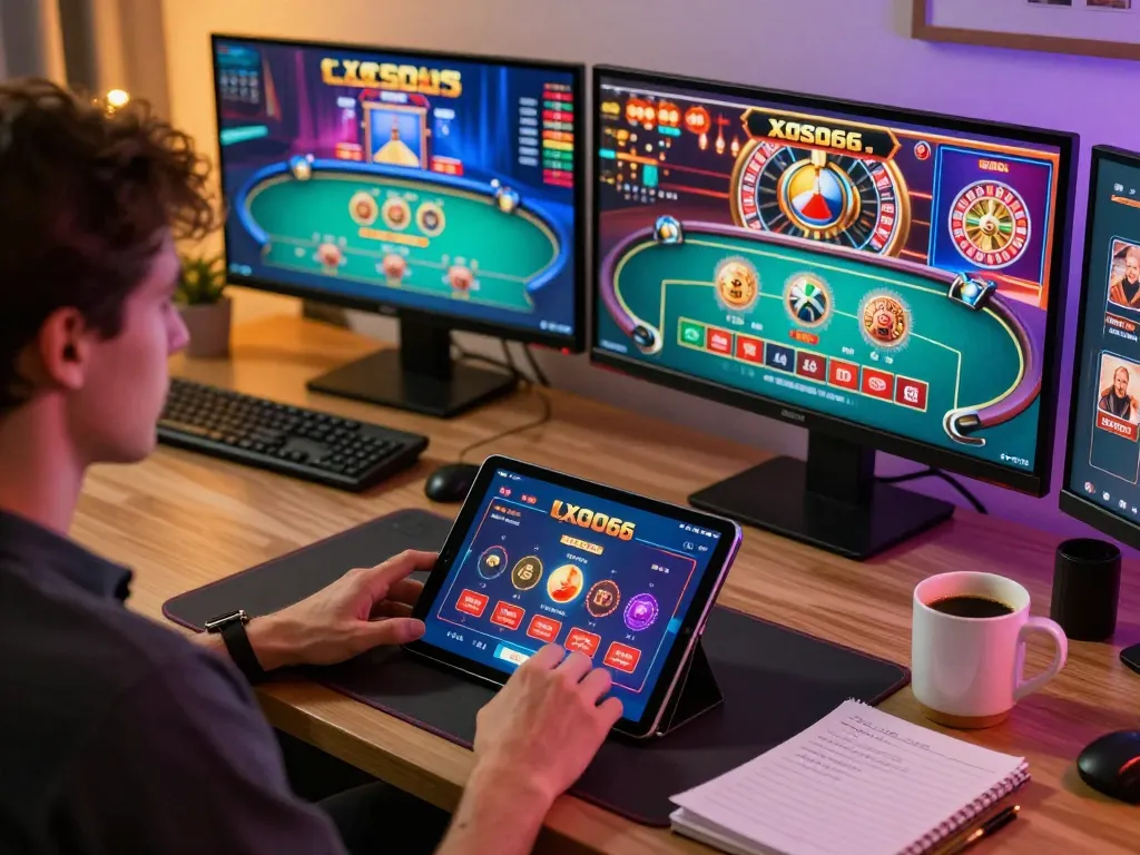 XOSO 66 player engaging with online casino games on a sleek desk setup, showcasing interactive gambling experience.