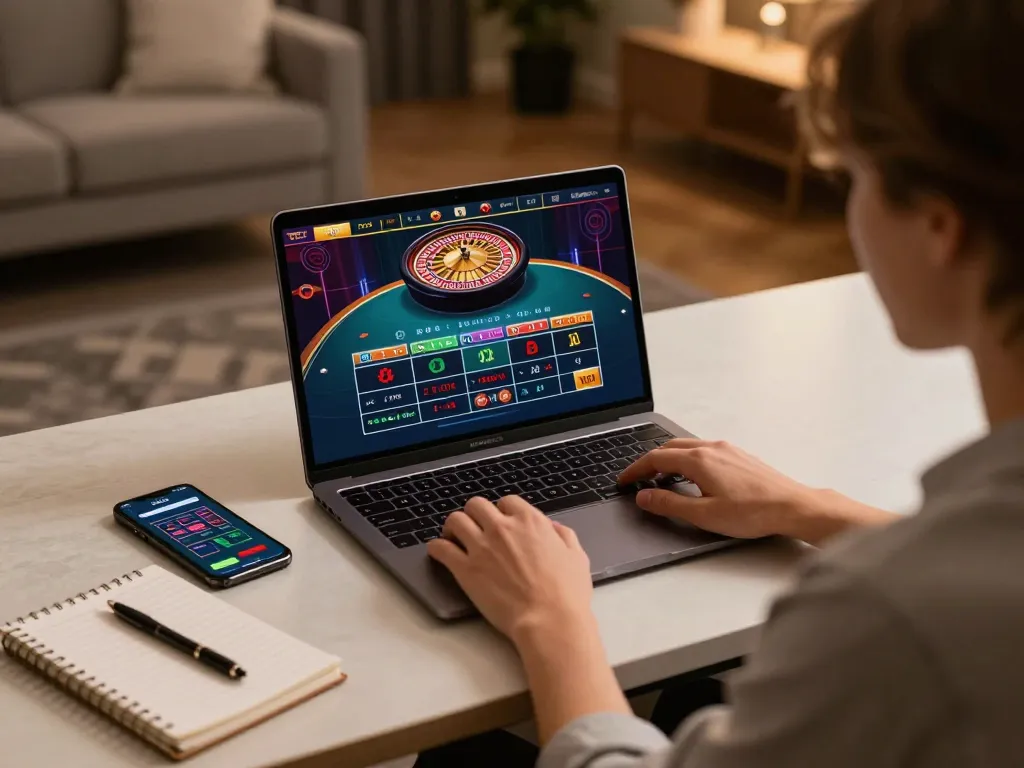Player engaging in live dealer game on laptop for fabet, showcasing interactive gambling experience at home.