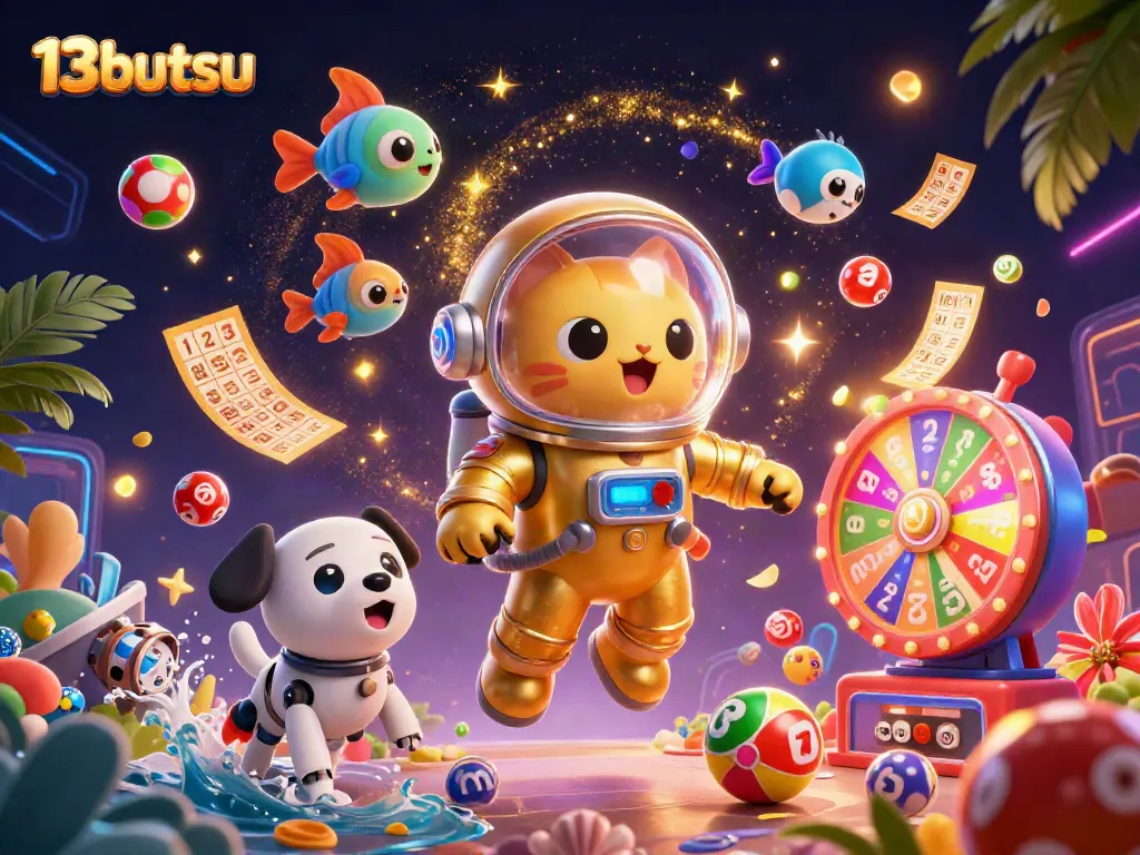 Engage with 13butsu slot games amidst dynamic elements like vibrant lottery balls and spinning prize wheels.