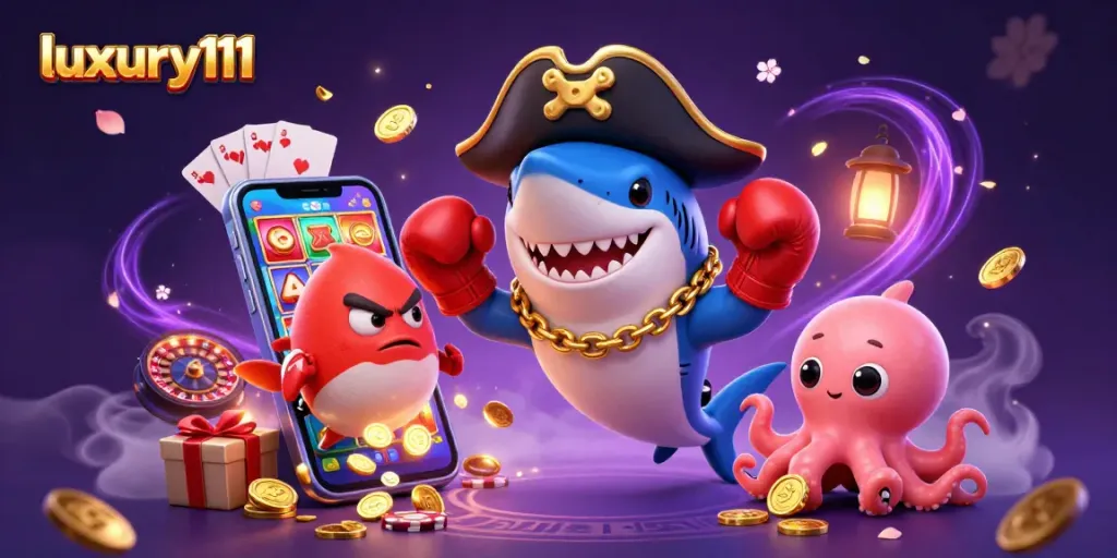 Engage with luxury111 gaming excitement as the cartoon pirate shark and friends celebrate big wins!