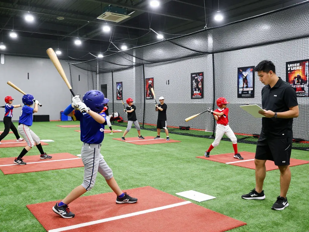 Hitclub athletes training in a bright indoor facility, showcasing baseball hitting techniques.