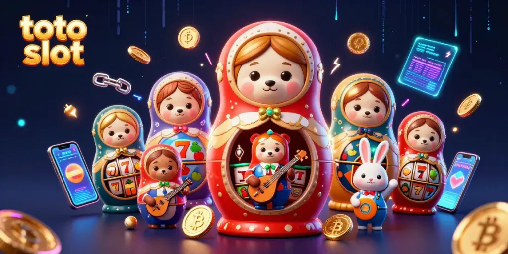 Spin the toto slot machine with whimsical characters in a vibrant digital casino.
