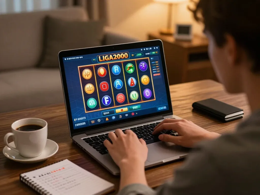 LIGA2000 slot game showcased on laptop during engaging home gaming session, person analyzing strategies