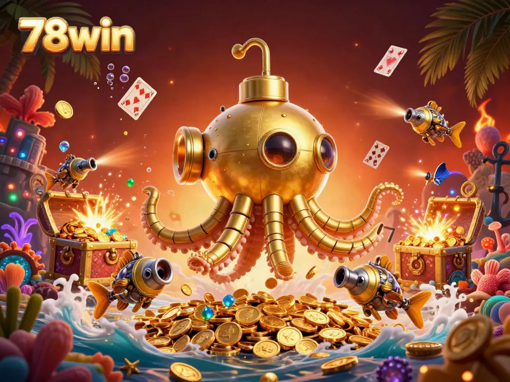 Experience thrilling gaming adventures at 78win with a golden kraken submarine amidst treasure and colorful gems.