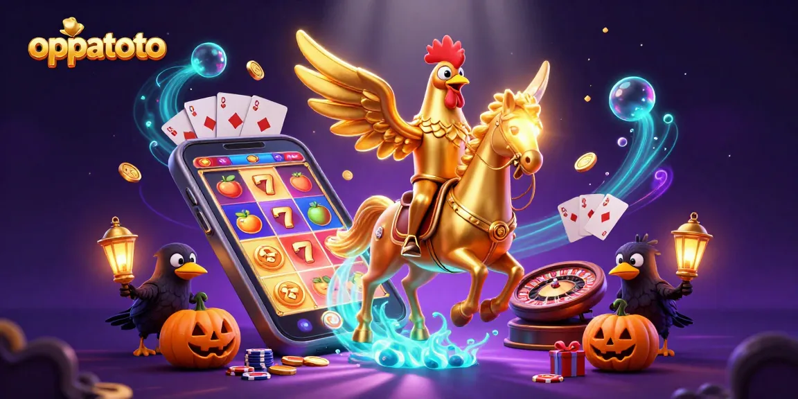 Experience oppatoto with a golden rooster amidst a thrilling casino scene filled with slots and glimmering elements.