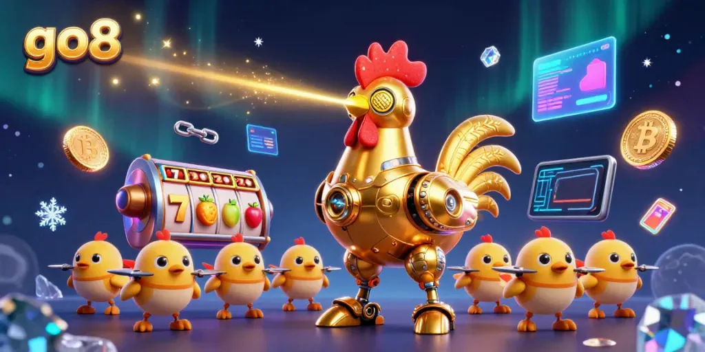 Engage in thrilling gaming at go8 with retro-futuristic characters and vibrant casino elements.