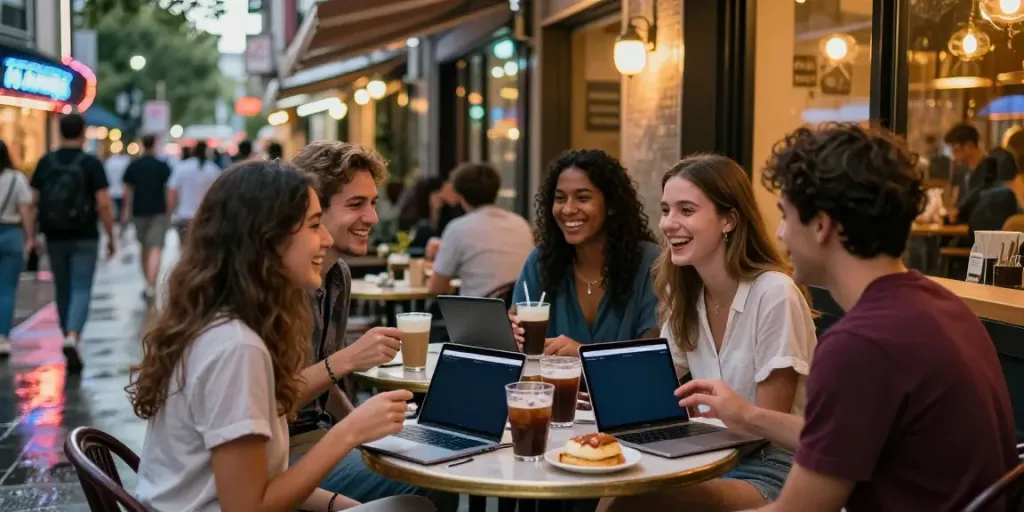 Teman-teman menikmati minuman sambil membahas dewitogel link di kafe kota.