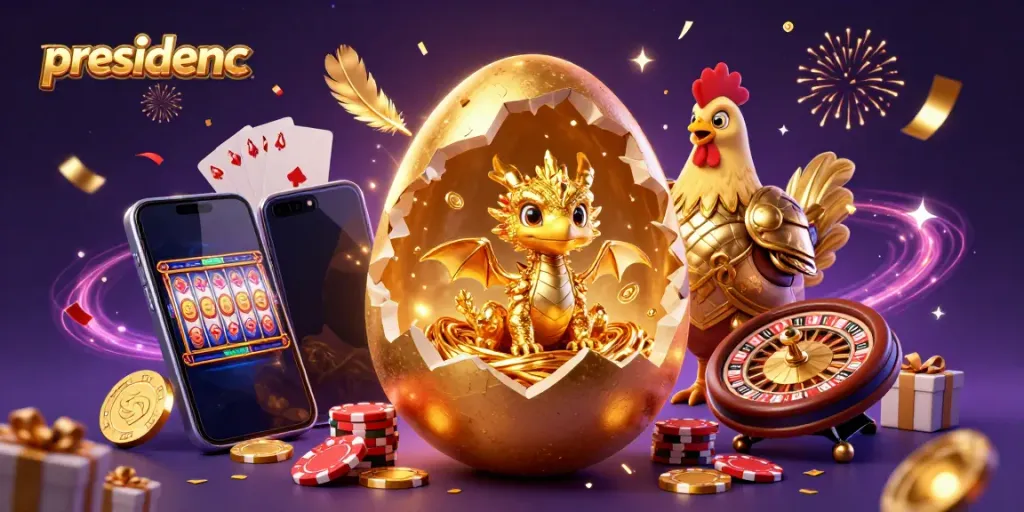 Engage with thrilling gaming adventures at presidencc, featuring a majestic golden dragon amidst poker chips and dynamic slot elements.