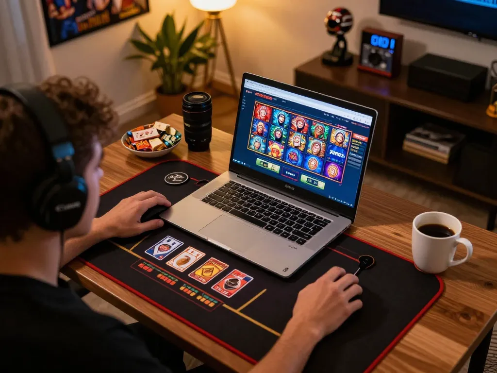 Play engaging games on IDCASH88 platform in a cozy home setting with snacks and a laptop