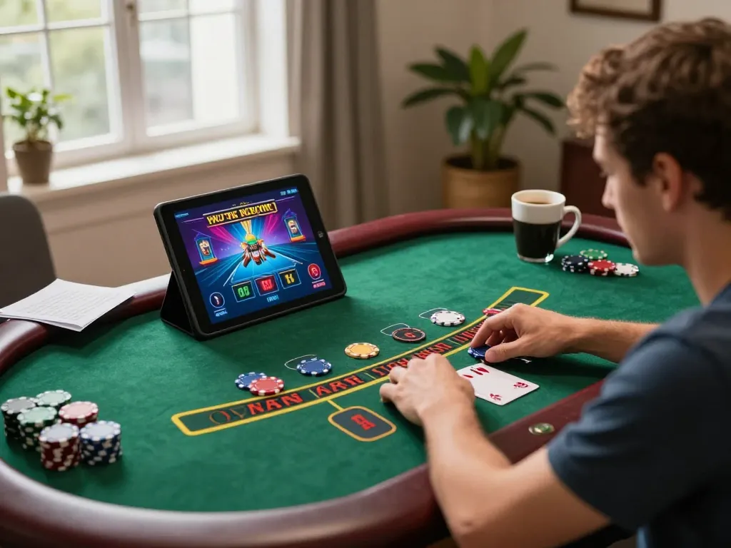 Player engaging with SC88 live dealer blackjack game on tablet in cozy home atmosphere