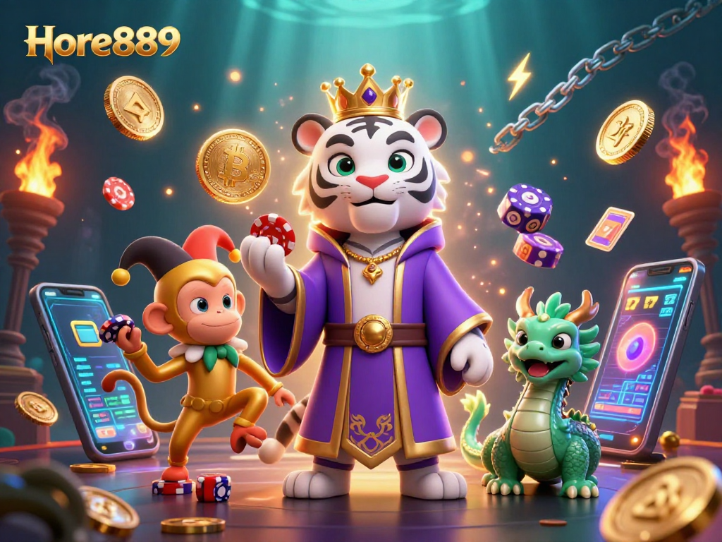 Experience dynamic gameplay at Hore889 with an elegant tiger, playful monkey, and jade dragon amid gaming symbols.