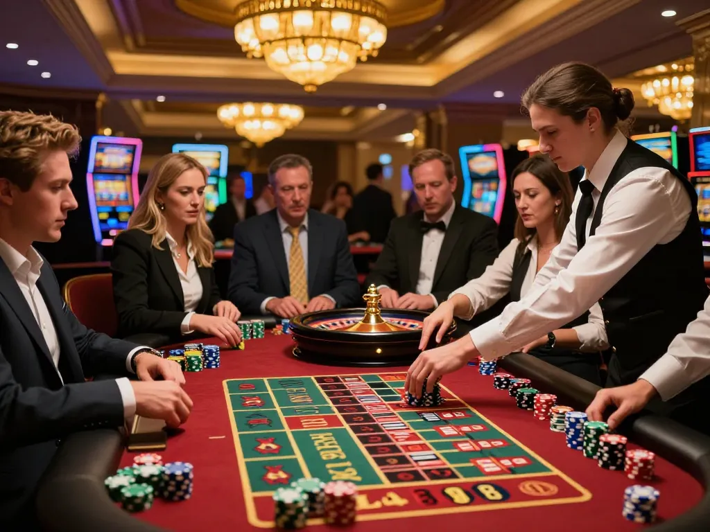 Fun79 players placing bets and celebrating wins at a lively roulette table in a vibrant casino scene.