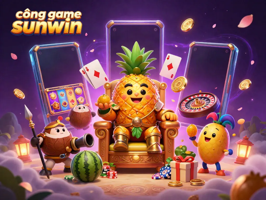 Engaging scene with characters promoting cổng game sunwin through vibrant casino elements and fun visuals.